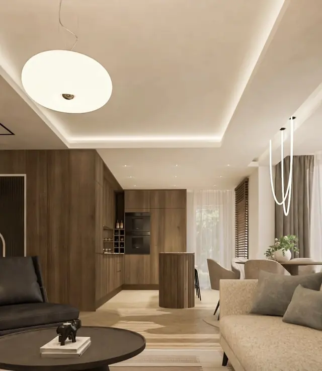 Séjour avec plafond suspendu et lumière indirecte