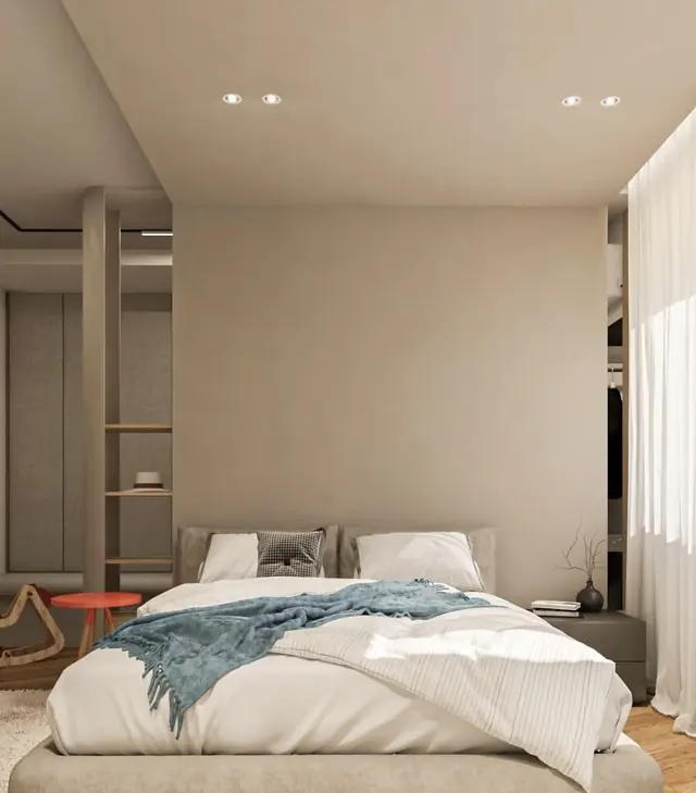 Chambre parentale aux teintes douces et éclairage encastré